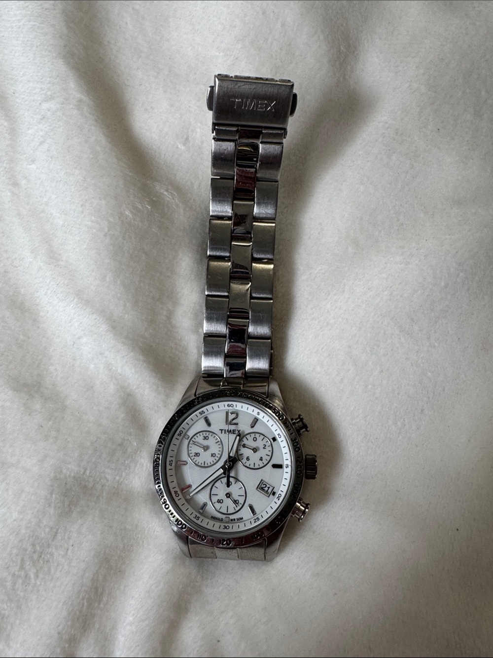 Timex Silver and White Chronograph Wristwatch